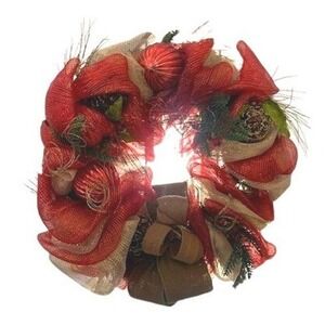 Christmas Wreath Red Burlap Ornament Pine Cone Holiday Decoration